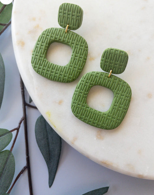 Clay Earrings - Square Drop Olive